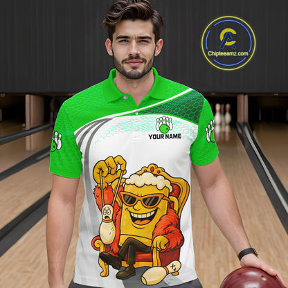 Custom Funny Green Beer Polo Bowling Team Shirt for Men Quarter-Zip Bowling Jersey Outfit QZT820