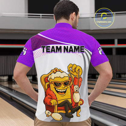 Custom Funny Purple Beer Polo Bowling Team Shirt for Men Quarter-Zip Bowling Jersey Outfit QZT820