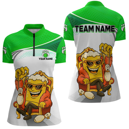 Custom Funny Green Beer Polo Bowling Team Shirt for Women Quarter-Zip Bowling Jersey Outfit QZT820