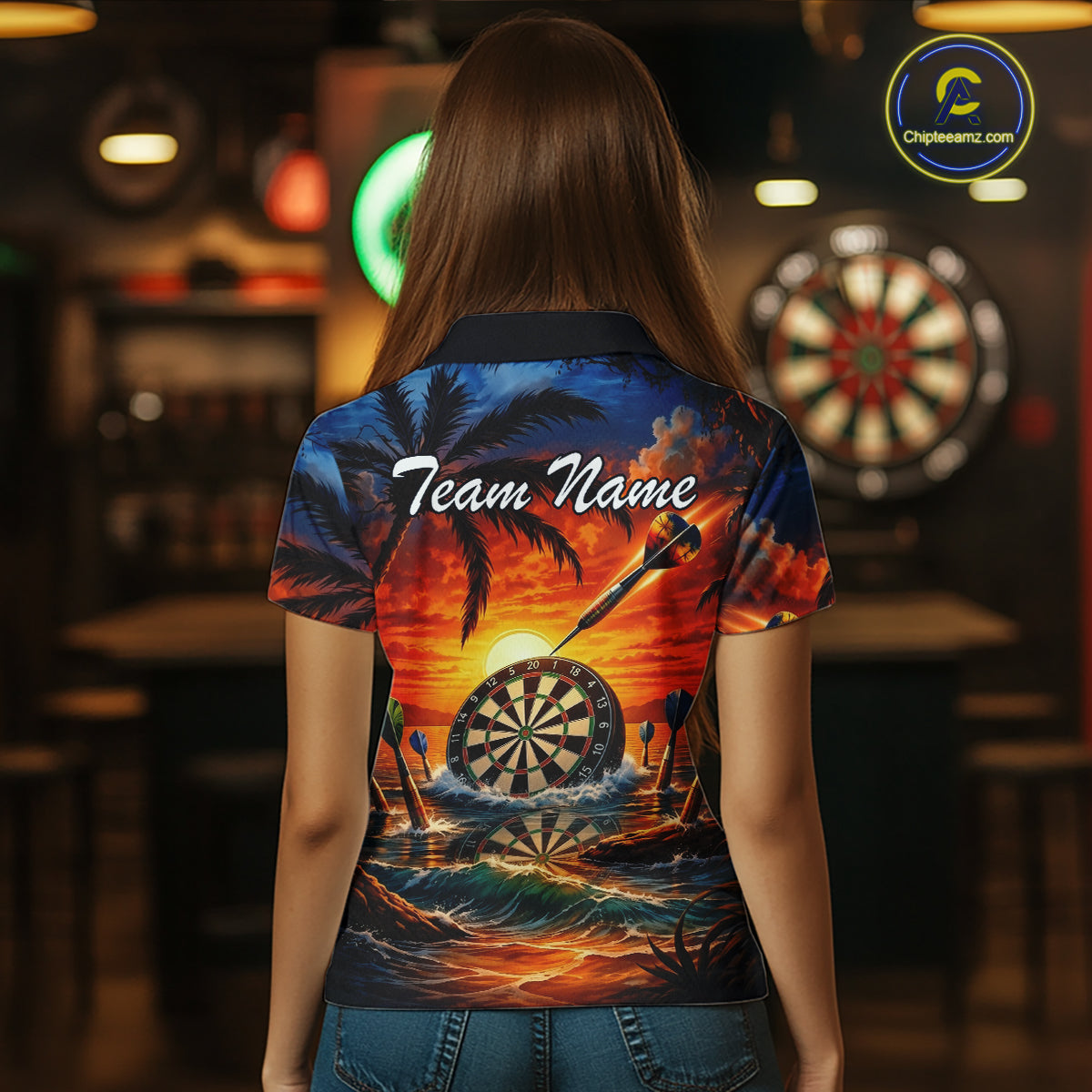 Custom Dart Team Shirts for Women Polo & 1/4 Zip Dart Jersey Sunset Tropical Design Dartboard Shirt DHT30