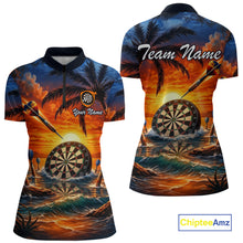Load image into Gallery viewer, Custom Dart Team Shirts for Women Polo &amp; 1/4 Zip Dart Jersey Sunset Tropical Design Dartboard Shirt DHT30