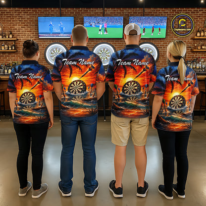 Custom Dart Team Shirts for Women Polo & 1/4 Zip Dart Jersey Sunset Tropical Design Dartboard Shirt DHT30