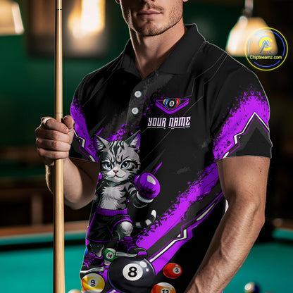 Custom Funny Purple Cat 8 Ball Billiard Shirts for Men Billiard Team Jersey Polo & 1/4 Zip Pool Shirt BHT32