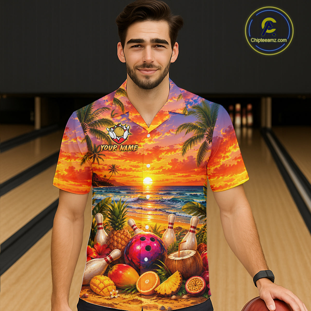 Man wearing a colorful beach-themed shirt with a bowling alley background
