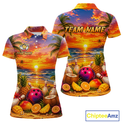 Colorful polo shirt with a tropical design featuring a sunset, palm trees, and bowling elements. 'Chiptee Amz' branding is visible.