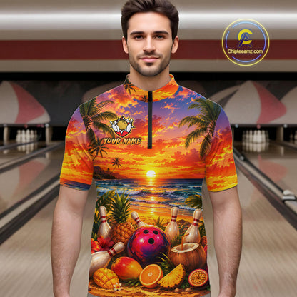 Man wearing a colorful shirt with a tropical design in a bowling alley.
