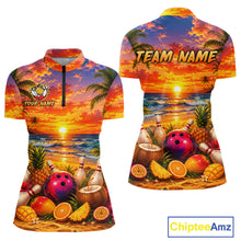 Load image into Gallery viewer, Two athletic shirts with a tropical design featuring a sunset, beach, and bowling elements, with 'Chiptee Amz' branding.