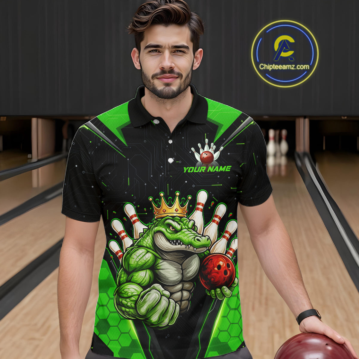 Custom Funny Green Crocodile Bowling Shirt Alligator Bowling Jersey for Men Polo & 1/4 Zip QZT823