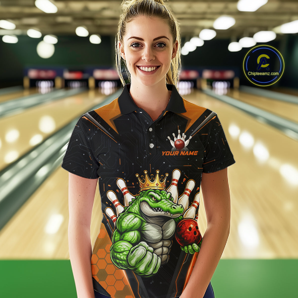 Custom Funny Orange Crocodile Bowling Shirt Alligator Bowling Jersey for Women Polo & 1/4 Zip QZT823