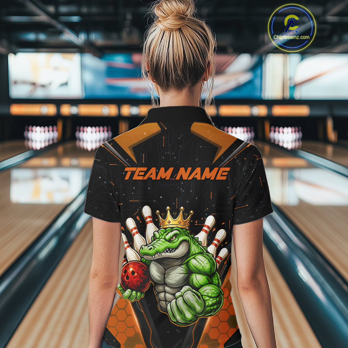 Custom Funny Orange Crocodile Bowling Shirt Alligator Bowling Jersey for Women Polo & 1/4 Zip QZT823