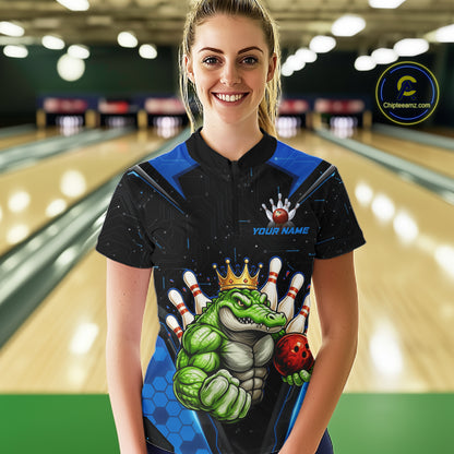 Custom Funny Blue Crocodile Bowling Shirt Alligator Bowling Jersey for Women Polo & 1/4 Zip QZT823