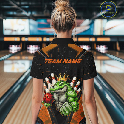 Custom Funny Orange Crocodile Bowling Shirt Alligator Bowling Jersey for Women Polo & 1/4 Zip QZT823