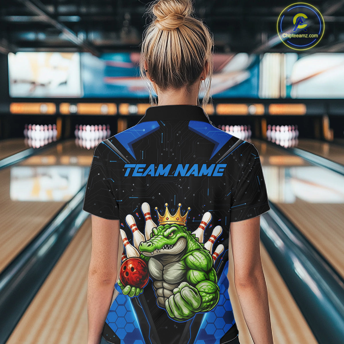 Custom Funny Blue Crocodile Bowling Shirt Alligator Bowling Jersey for Women Polo & 1/4 Zip QZT823