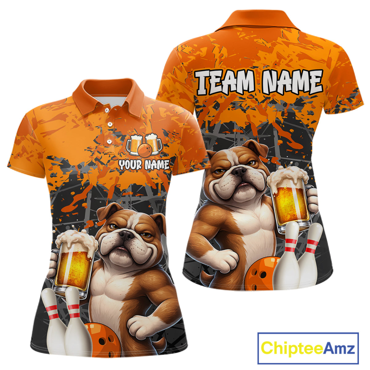 Orange Bull Dog & Beer Bowling Shirt for Women Custom Bowling Team Jersey Bowling Outfit QZT998