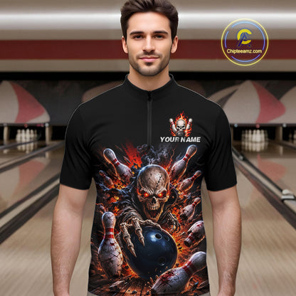 Man wearing a black quarter-zip jersey with a graphic design of a skull and bowling pins in a bowling alley.