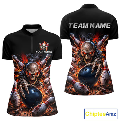 Black quarter-zip jersey with a fiery skeleton design and customizable text on a white background