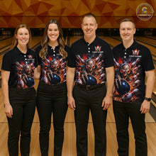 Load image into Gallery viewer, Four people wearing matching black shirts with a graphic design on a bowling alley background