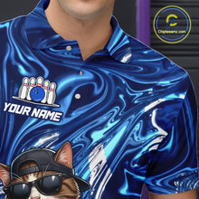 Load image into Gallery viewer, Blue marbled bowling shirt with a cat graphic and customizable text on a dark background