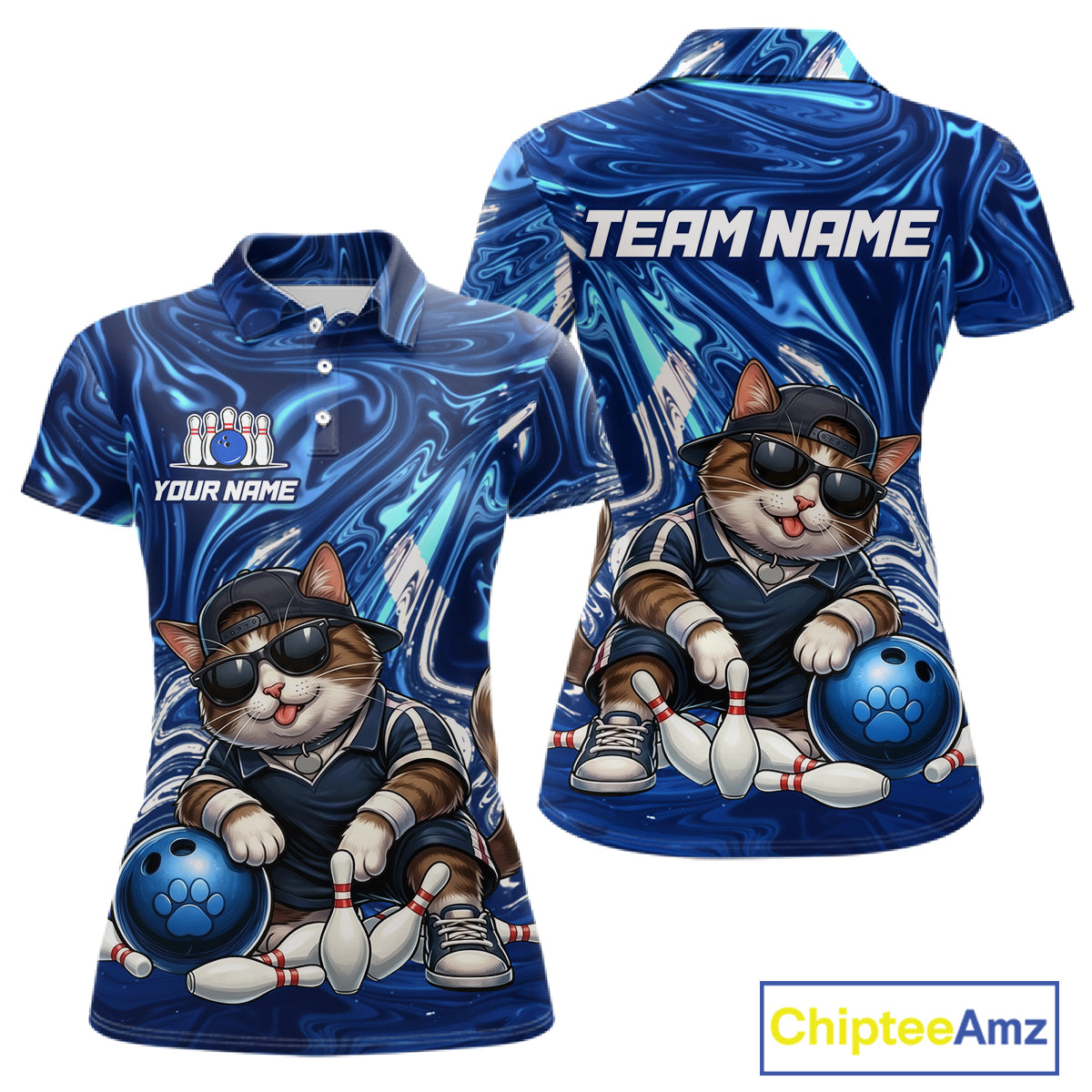 Blue polo shirt with cartoon cat bowling design, customizable text, and Chiptee Amz branding.