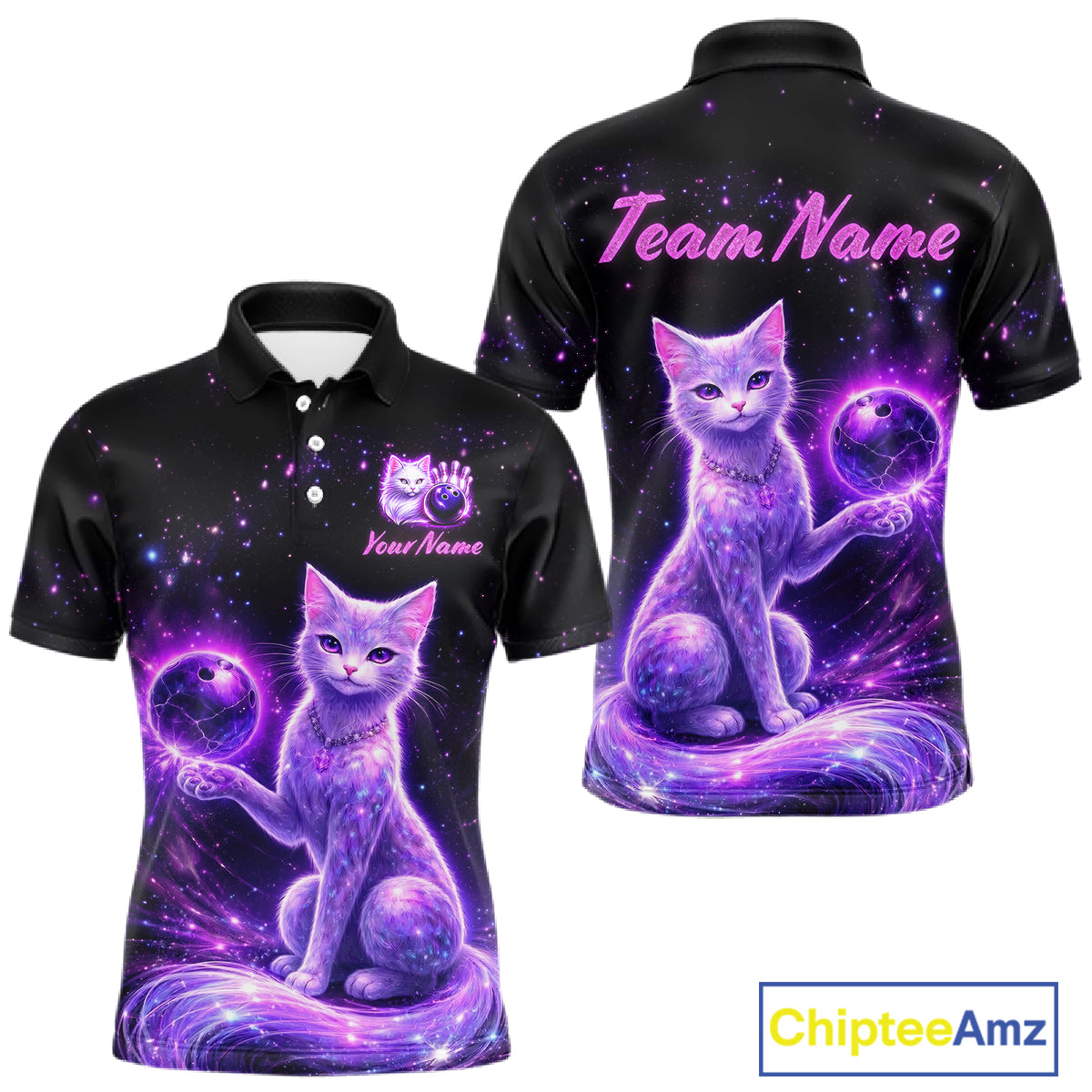 Cat Aurora Galaxy Bowling Shirt  for Men Custom Neon Glow Bowling Jersey Polo & Quarter-Zip QZT968