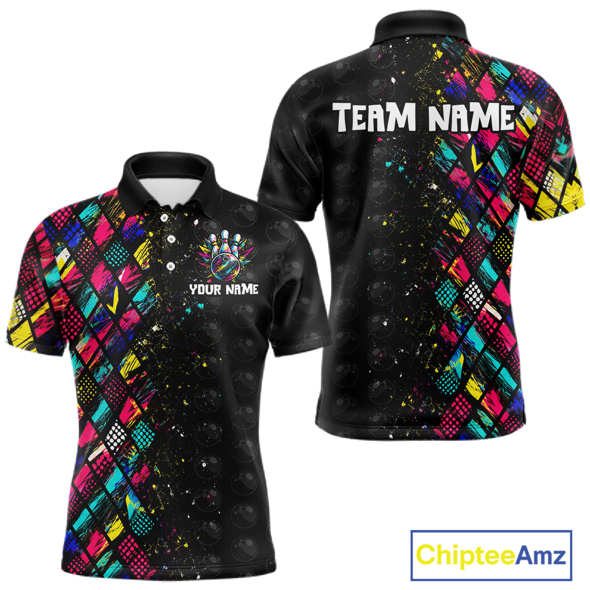 Colorful patterned polo shirt with customizable text on a white background