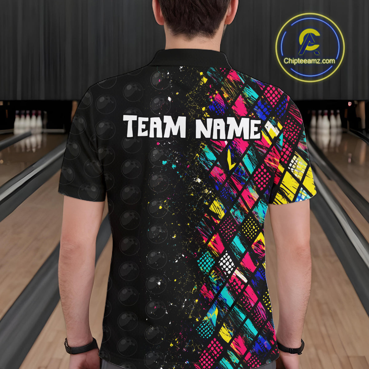 Person wearing a colorful bowling shirt with 'TEAM NAME' on a bowling alley background