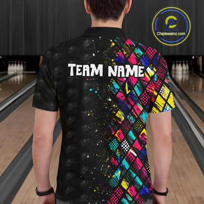 Person wearing a colorful bowling shirt with 'TEAM NAME' on a bowling alley background