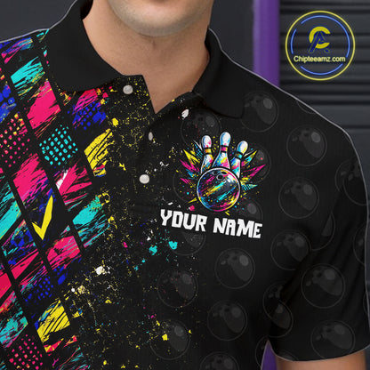 Black polo shirt with colorful design and 'Your Name' text, brand logo visible
