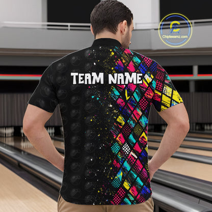Person wearing a colorful bowling shirt with 'TEAM NAME' text at a bowling alley.