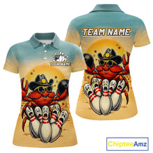 Load image into Gallery viewer, Polo shirt with a crab and bowling design on a yellow and blue gradient background, featuring 'Chiptee Amz' branding.