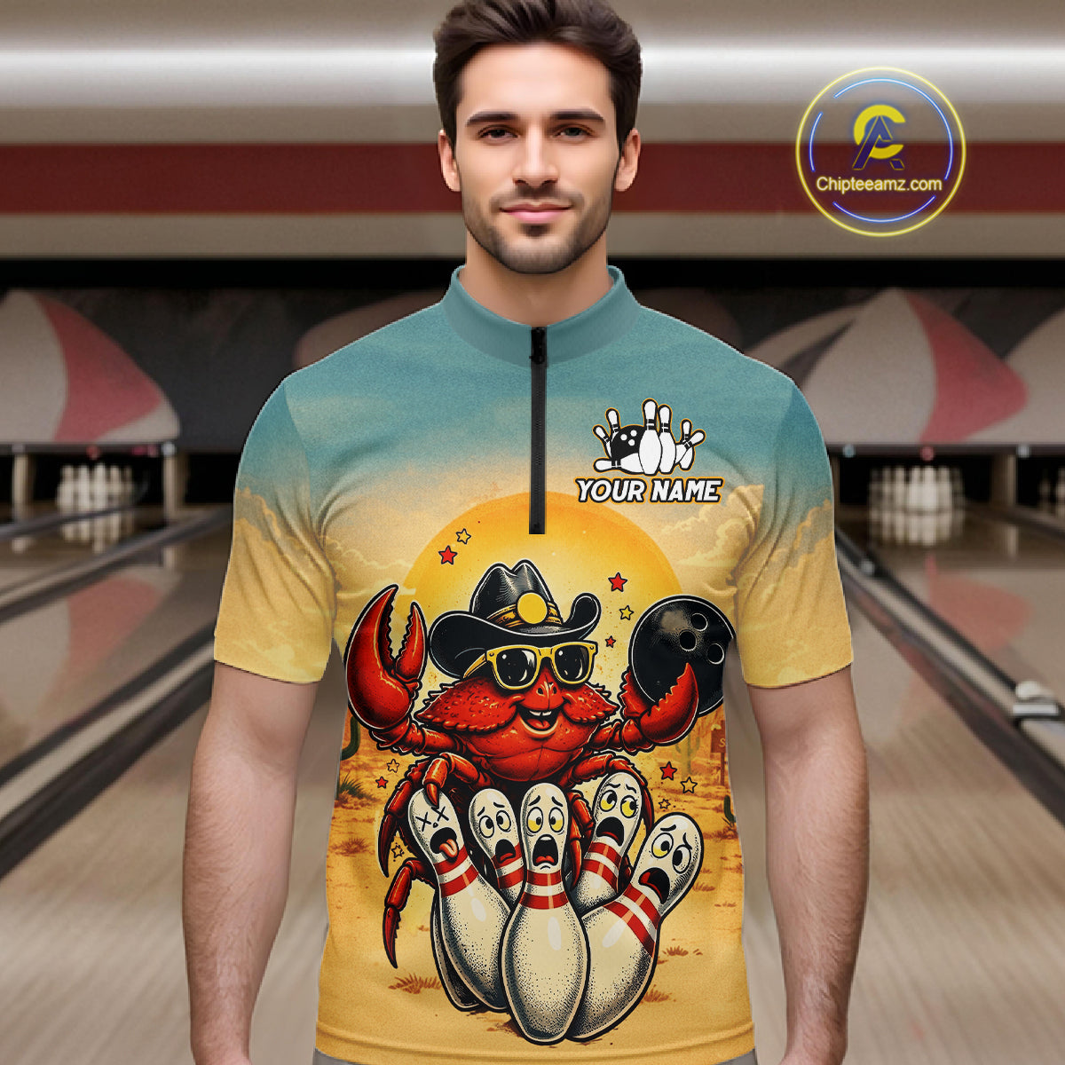 Man wearing a colorful shirt with a cartoon crab design in a bowling alley.