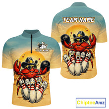 Load image into Gallery viewer, Two views of a sports jersey with a crab character and bowling design, featuring 'Chiptee Amz' branding.