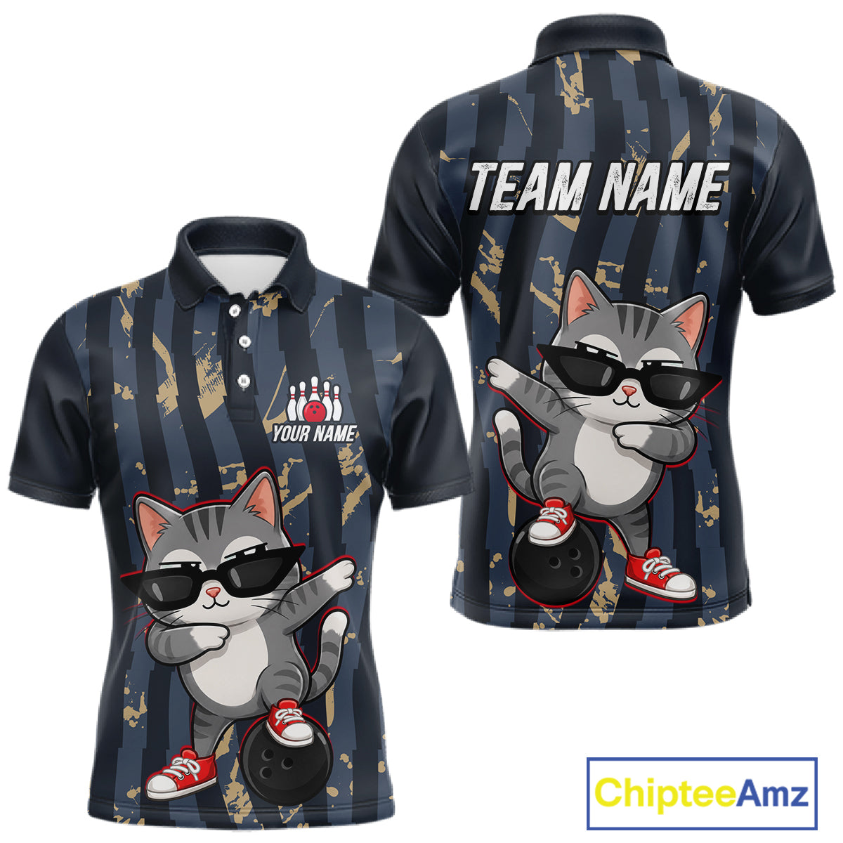 Polo shirt with a cat bowling design on a white background, featuring 'Chiptee Amz' branding.