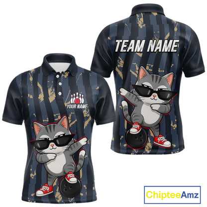 Polo shirt with a cat bowling design on a white background, featuring 'Chiptee Amz' branding.