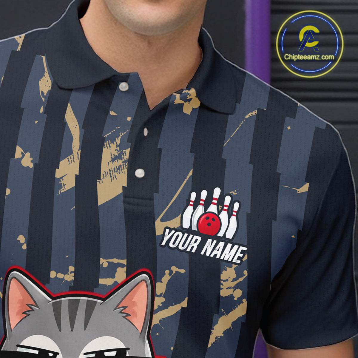 Navy blue polo shirt with bowling design and 'Your Name' text, featuring a cat graphic in the corner.