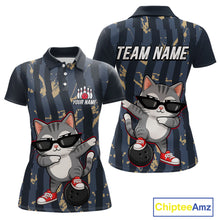 Load image into Gallery viewer, Quarter-zip jersey with cartoon cat design and customizable text on a blue and gold striped background