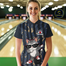 Load image into Gallery viewer, Person wearing a bowling shirt with a cat graphic and customizable text in a bowling alley.