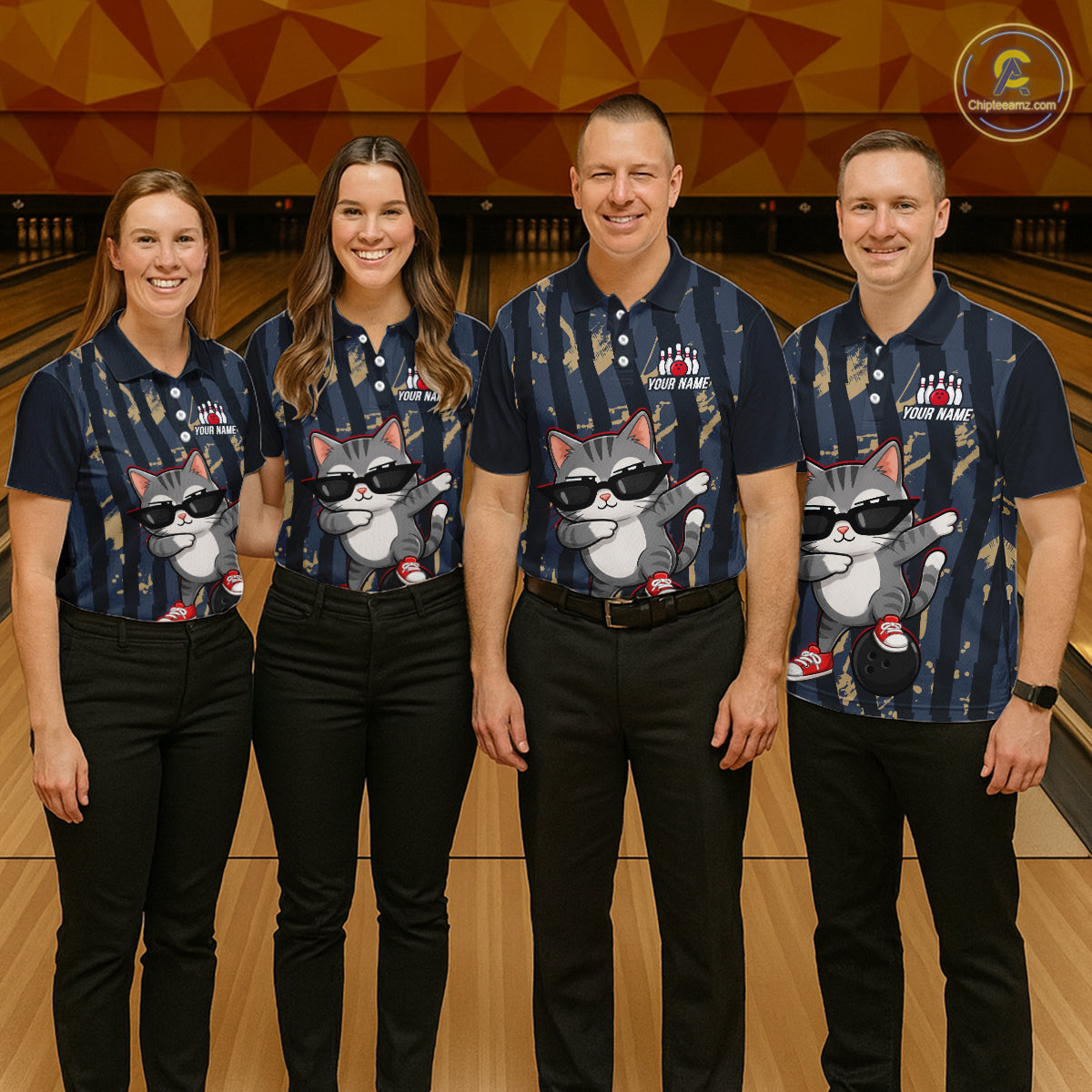 Four people wearing matching bowling shirts with a cat design on a bowling alley.