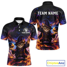 Load image into Gallery viewer, Black polo shirt with a fantasy cat design on a white background, featuring 'Team Name' and 'Your Name' text.