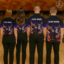 Load image into Gallery viewer, Four people wearing bowling shirts with a cat design and 'Team Name' text on a bowling alley.