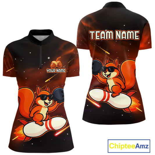 Orange & Black Funny Squirrel Bowling Shirt for Women Bowling League Jersey Polo & Quarter-Zip QZT879