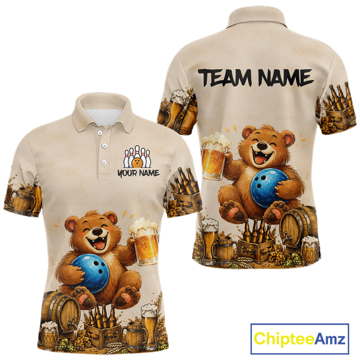 Beige polo shirt with bear graphics and beer mugs on a white background, featuring 'Chiptee Amz' branding.