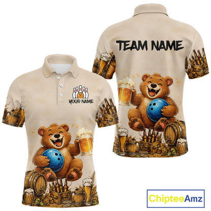 Beige polo shirt with bear graphics and beer mugs on a white background, featuring 'Chiptee Amz' branding.