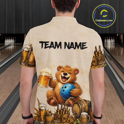 Person wearing a shirt with a bear holding a bowling ball and beer design, standing in a bowling alley.