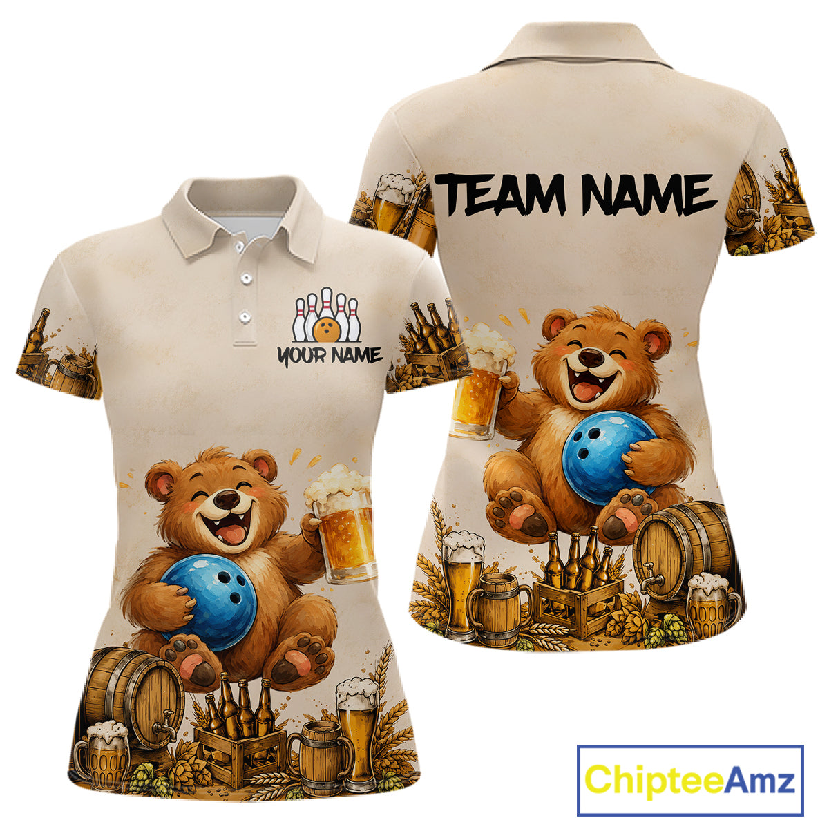 Beige polo shirt with bear graphics and customizable text on a white background