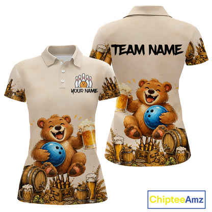 Beige polo shirt with bear graphics and customizable text on a white background