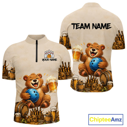 Beige bowling jersey with bear design and customizable text on a white background