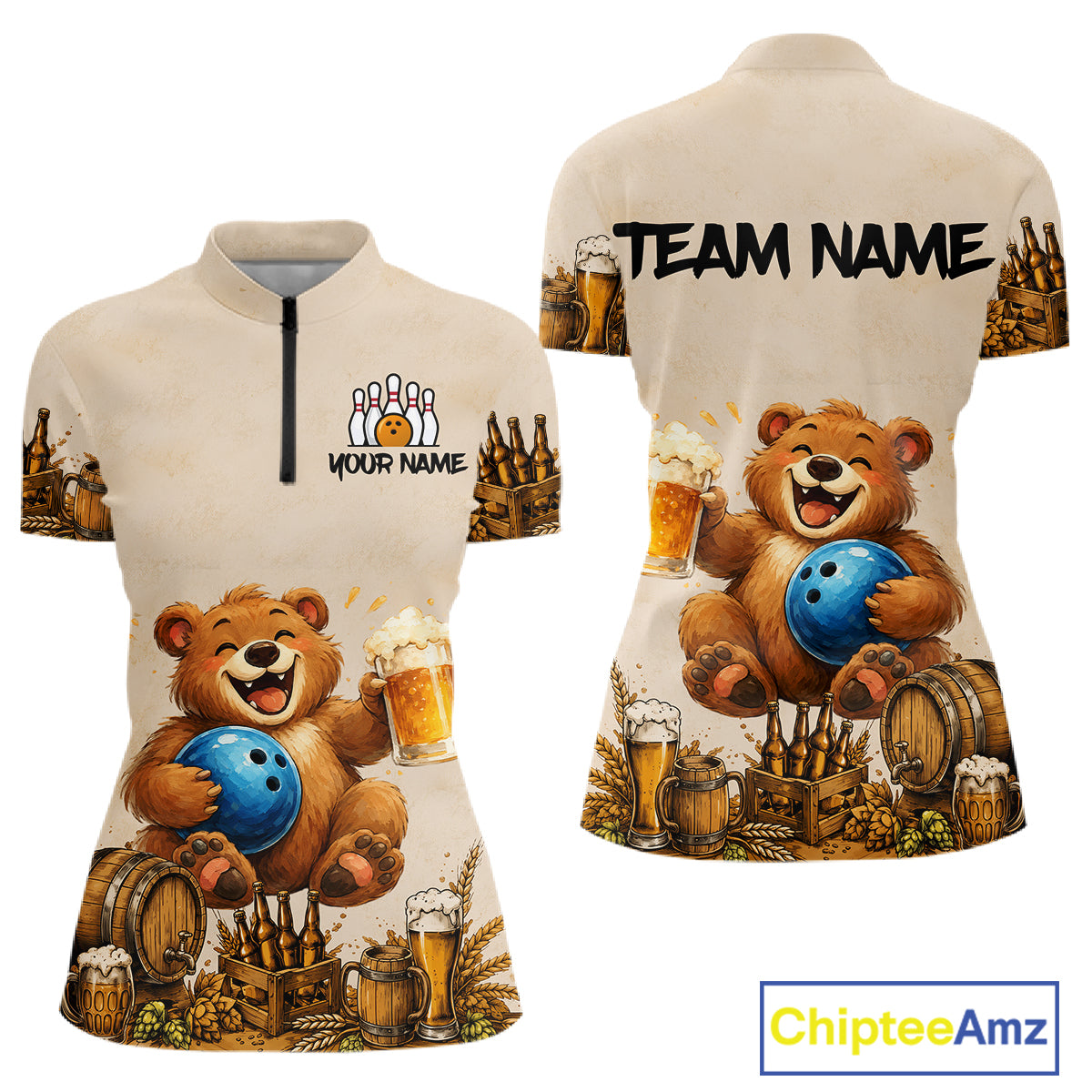Beige sports jersey with bear graphics and beer-themed design, featuring 'Chiptee Amz' branding.