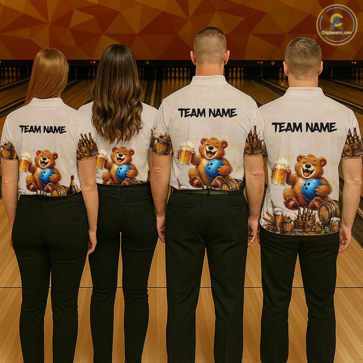 Four people wearing bowling shirts with a bear graphic and 'Team Name' text on a bowling alley.