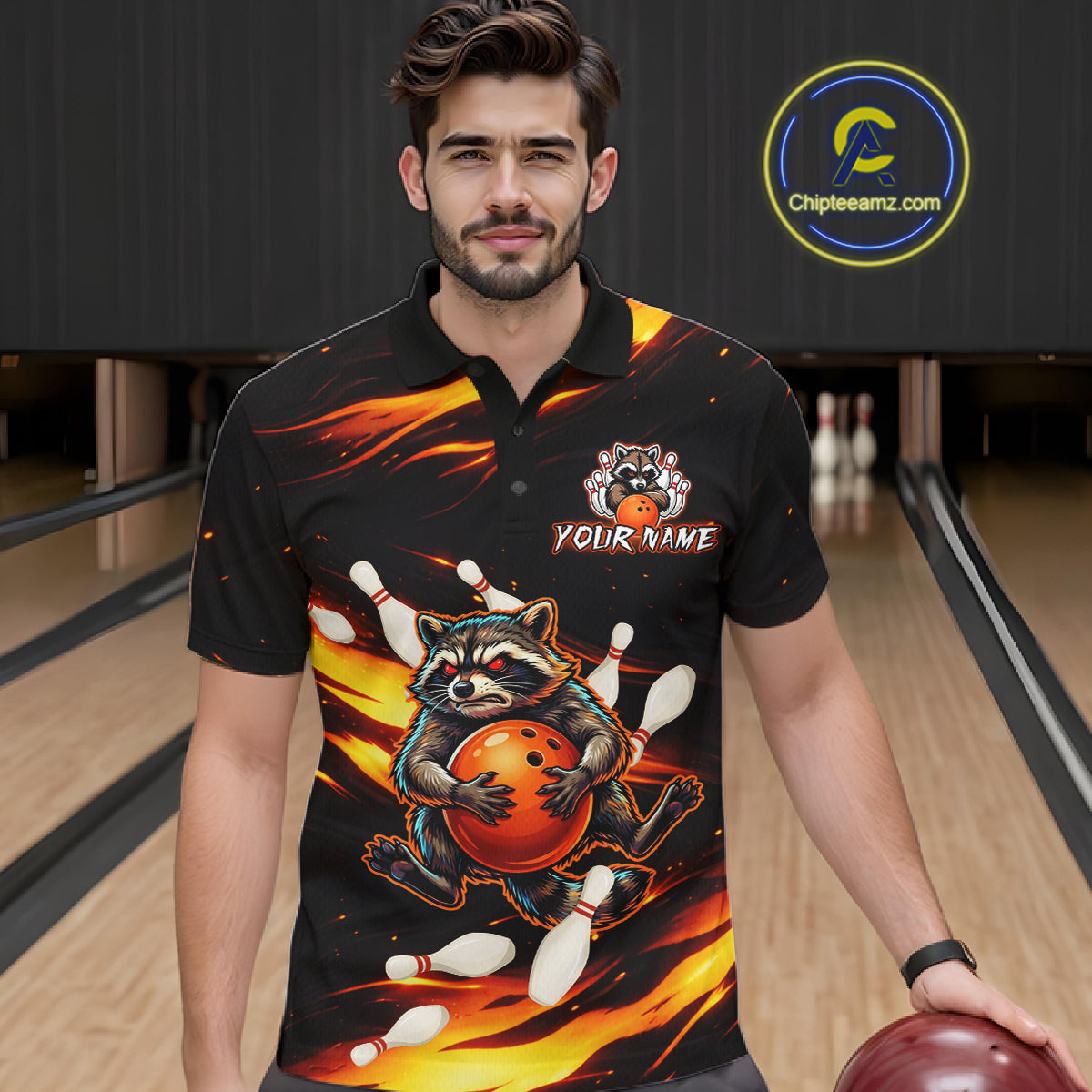 Custom Orange Funny Raccoon Bowling Shirt for Men Bowling Jersey Polo & Quarter-Zip Bowling Outfit QZT969